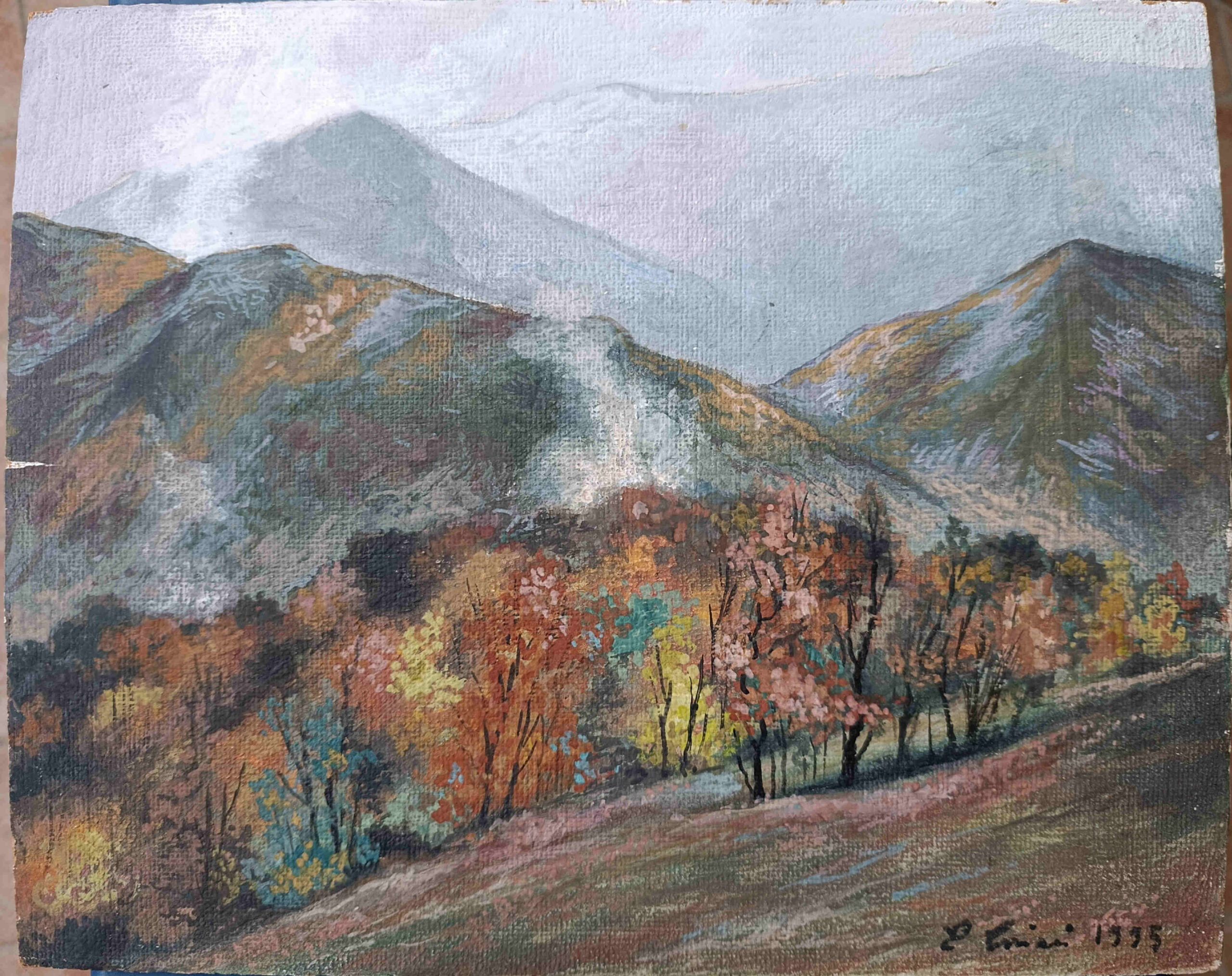 Paesaggio collinare autunnale tempera su tela
