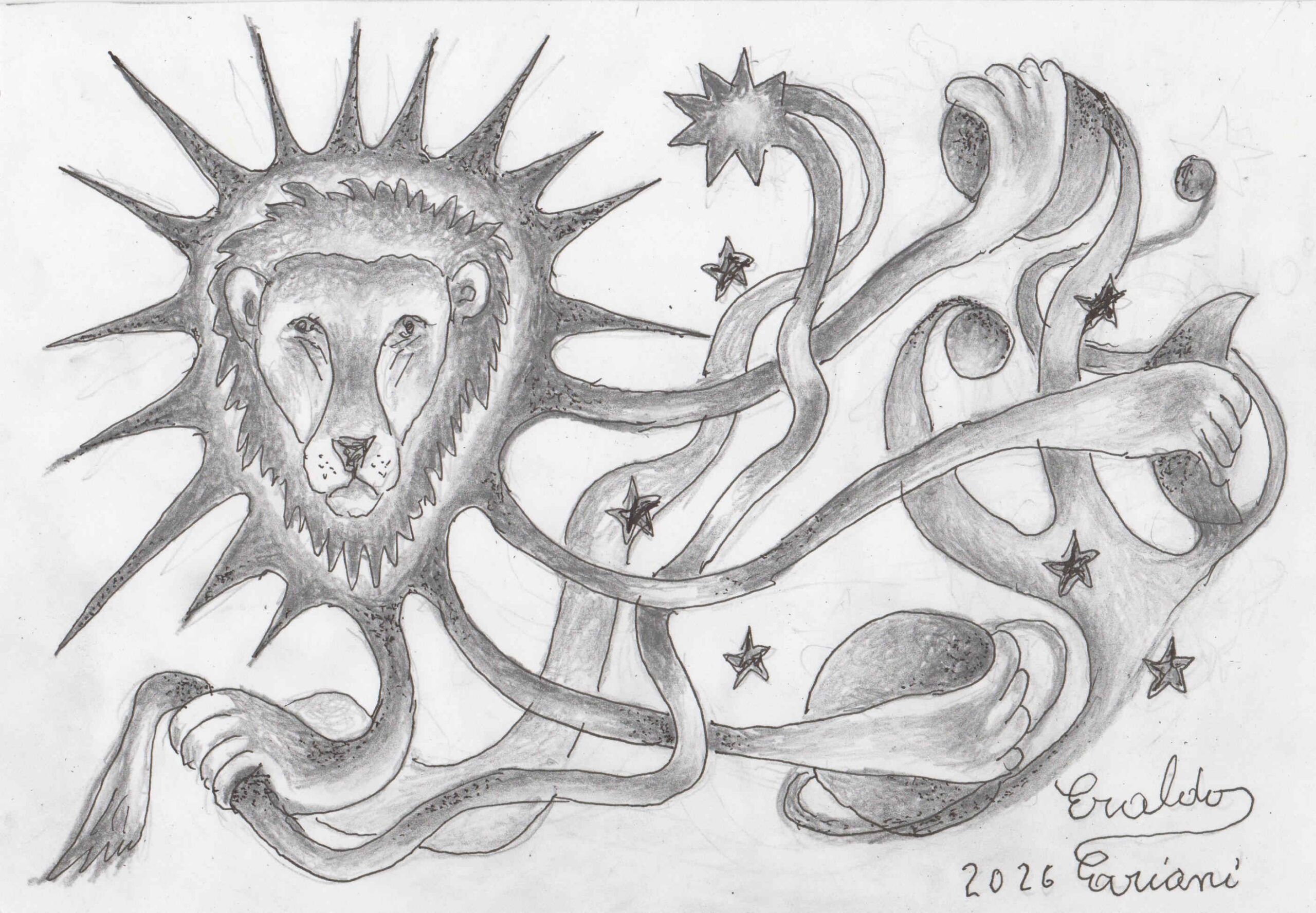 disegno a matita di Eraldo Cariani (2026), intitolato "Il Sol Leone"
